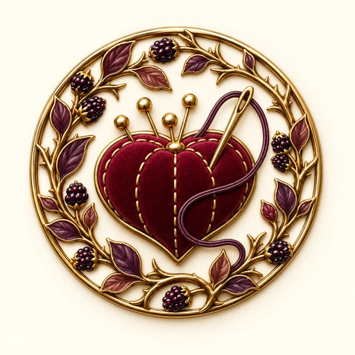 Heart of the House: berry pincushion heart with plum thread and antique-gold blackberry thorns